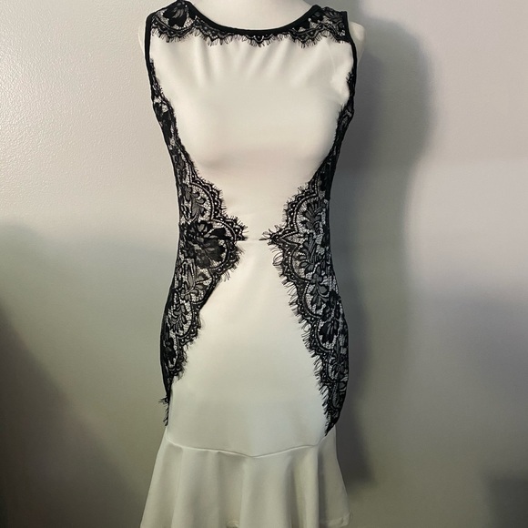 white dress with black lace sides White Satin Mini Dress Black Lace Sleeves